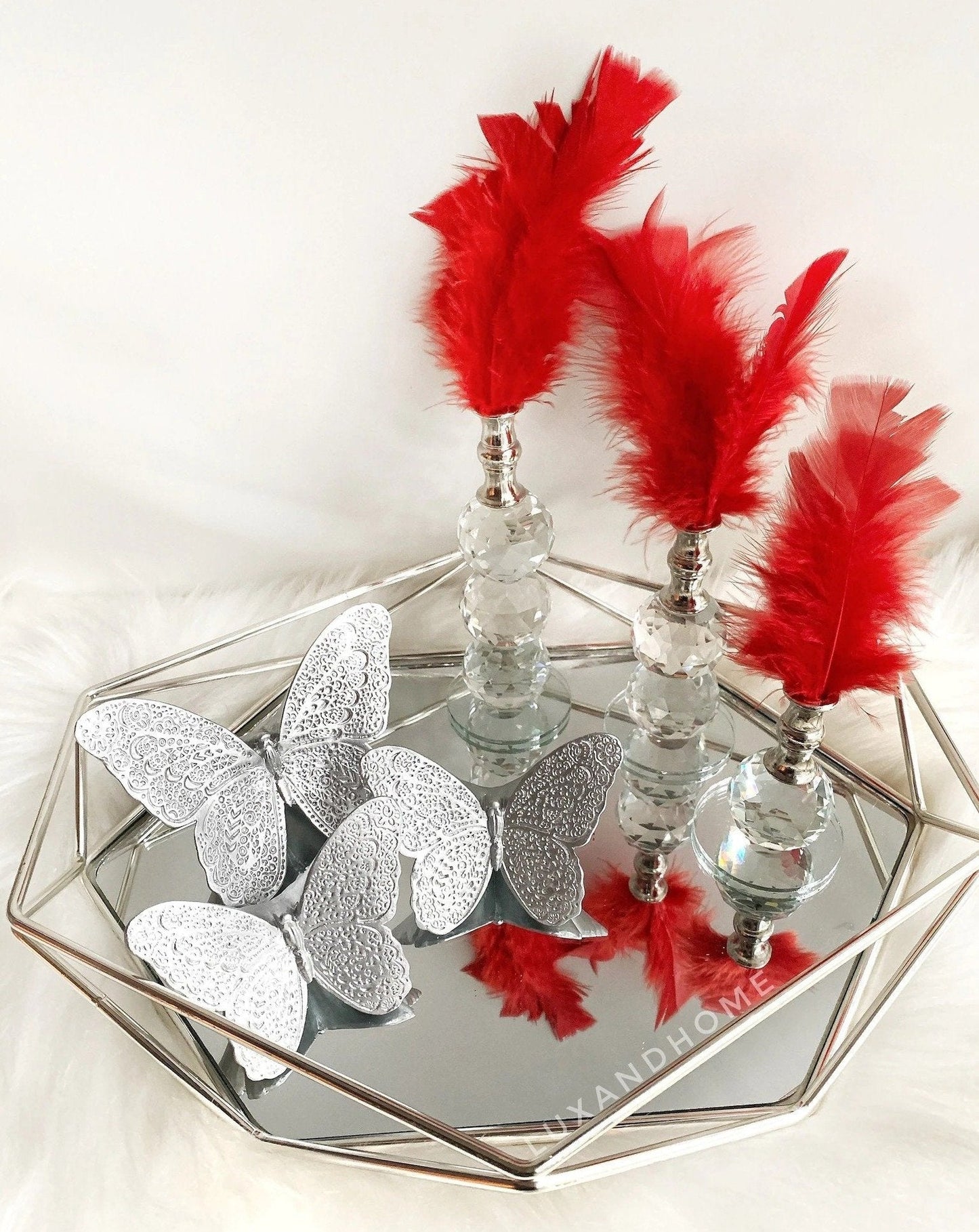 Gold, Set Of 3 ,Butterfly Stand Decor+Mirrör Tray+ Crystal Feather MARBLEMAR