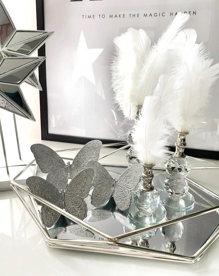 Gold, Set Of 3 ,Butterfly Stand Decor+Mirrör Tray+ Crystal Feather MARBLEMAR