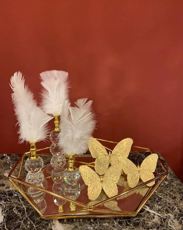 Gold, Set Of 3 ,Butterfly Stand Decor+Mirrör Tray+ Crystal Feather MARBLEMAR