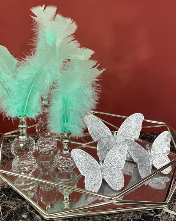 Turquoise Decorative Feathers, Butterfly Stand Decor, Gold Tray, Crystal Feather, Butterfly Objects, Luxury Home Decor, Table Design Decor, Shelf Decor Object, Silver Tray-MLH002/9