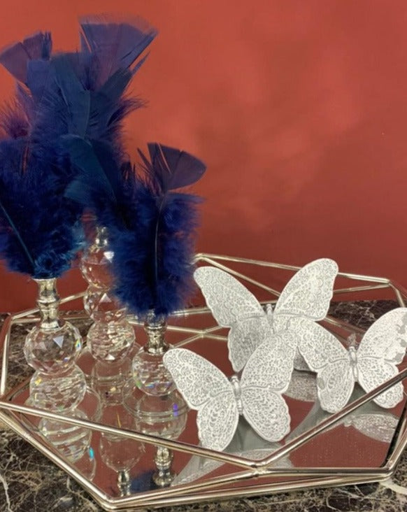 Navy Blue Decorative Feathers, Butterfly Stand Decor, Gold Tray, Crystal Feather, Butterfly Objects, Luxury Home Decor, Table Design Decor, Shelf Decor Object, Silver Tray-MLH002/10