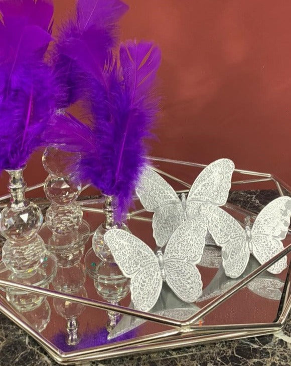 Purple Decorative Feathers, Butterfly Stand Decor, Gold Tray, Crystal Feather, Butterfly Objects, Luxury Home Decor, Table Design Decor, Shelf Decor Object, Silver Tray-MLH002/14