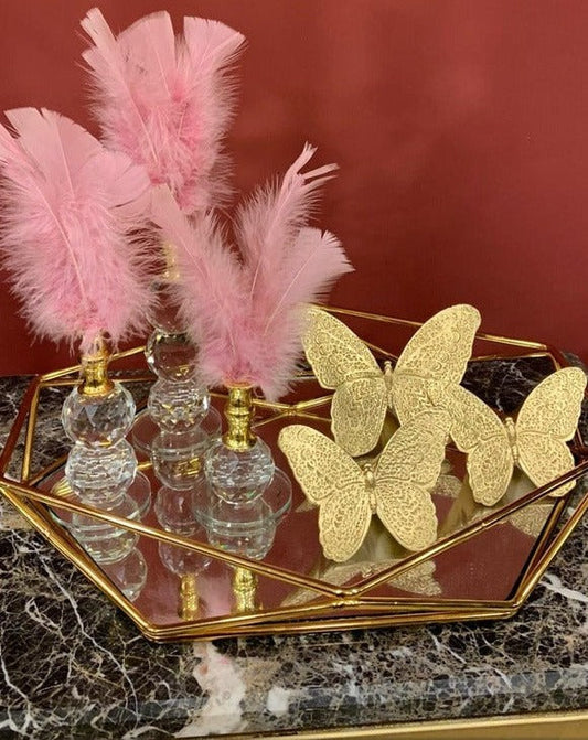 Baby Pink Decorative Feathers, Butterfly Stand Decor, Gold Tray, Crystal Feather, Butterfly Objects, Luxury Home Decor, Table Design Decor, Shelf Decor Object, Silver Tray-MLH002/6 MARBLEMAR