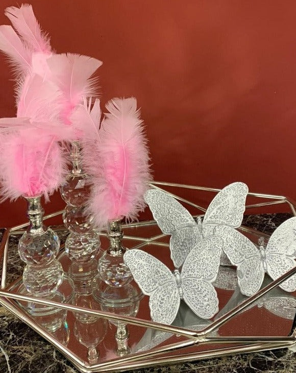 Baby Pink Decorative Feathers, Butterfly Stand Decor, Gold Tray, Crystal Feather, Butterfly Objects, Luxury Home Decor, Table Design Decor, Shelf Decor Object, Silver Tray-MLH002/6 MARBLEMAR