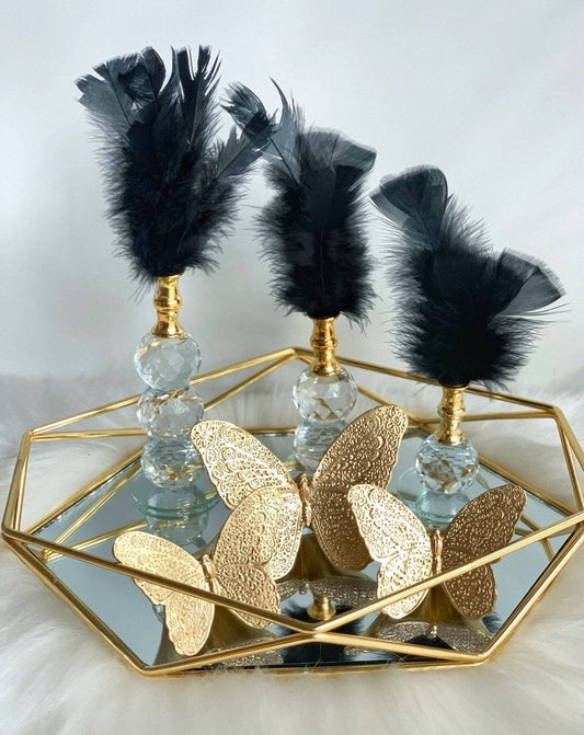 Black Decorative Feathers, Butterfly Stand Decor, Gold Tray, Crystal Feather, Butterfly Objects, Luxury Home Decor, Table Design Decor, Shelf Decor Object, Silver Tray-MLH002/2 MARBLEMAR