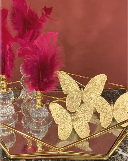 Burgundy Decorative Feathers, Butterfly Stand Decor, Gold Tray, Crystal Feather, Butterfly Objects, Luxury Home Decor, Table Design Decor, Shelf Decor Object, Silver Tray-MLH002/8 MARBLEMAR