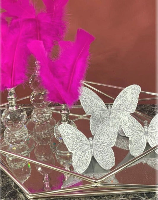 Fuchsia Decorative Feathers, Butterfly Stand Decor, Gold Tray, Crystal Feather, Butterfly Objects, Luxury Home Decor, Table Design Decor, Shelf Decor Object, Silver Tray-MLH002/3 MARBLEMAR