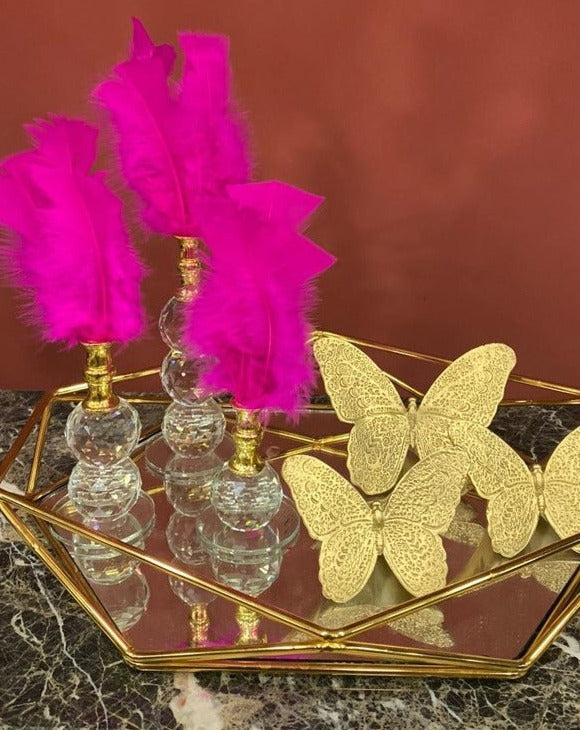 Fuchsia Decorative Feathers, Butterfly Stand Decor, Gold Tray, Crystal Feather, Butterfly Objects, Luxury Home Decor, Table Design Decor, Shelf Decor Object, Silver Tray-MLH002/3 MARBLEMAR