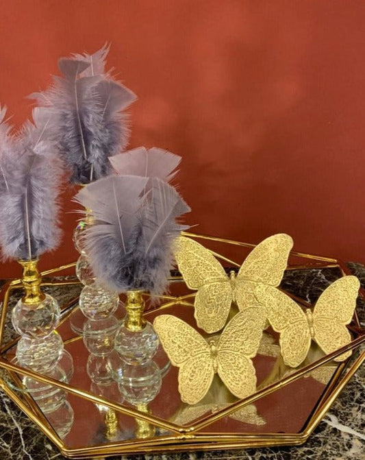 Gray Decorative Feathers, Butterfly Stand Decor, Gold Tray, Crystal Feather, Butterfly Objects, Luxury Home Decor, Table Design Decor, Shelf Decor Object, Silver Tray-MLH002/15 MARBLEMAR