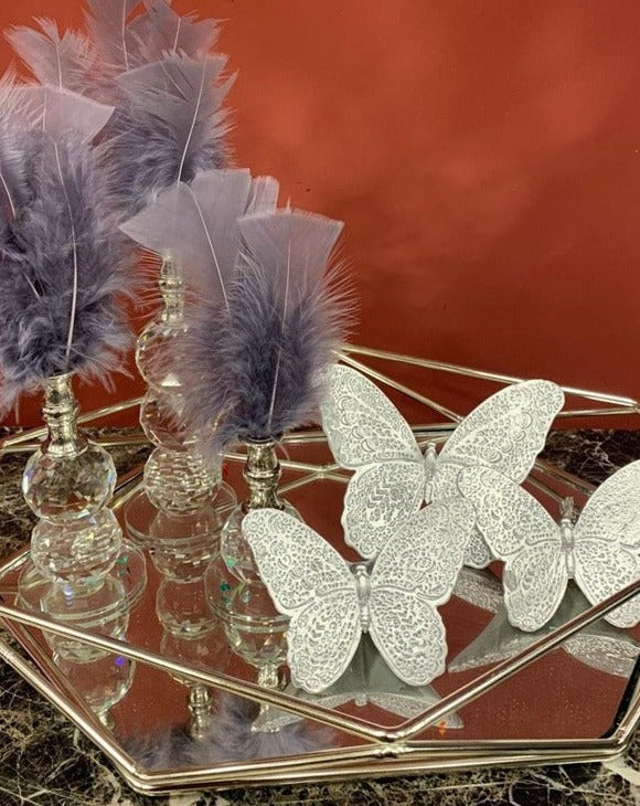 Gray Decorative Feathers, Butterfly Stand Decor, Gold Tray, Crystal Feather, Butterfly Objects, Luxury Home Decor, Table Design Decor, Shelf Decor Object, Silver Tray-MLH002/15 MARBLEMAR