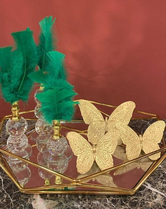 Green Decorative Feathers, Butterfly Stand Decor, Gold Tray, Crystal Feather, Butterfly Objects, Luxury Home Decor, Table Design Decor, Shelf Decor Object, Silver Tray-MLH002/7 MARBLEMAR