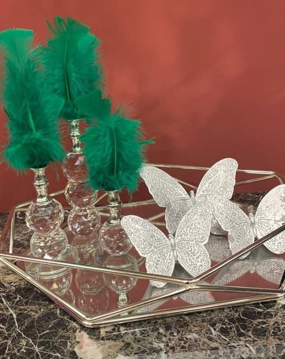 Green Decorative Feathers, Butterfly Stand Decor, Gold Tray, Crystal Feather, Butterfly Objects, Luxury Home Decor, Table Design Decor, Shelf Decor Object, Silver Tray-MLH002/7 MARBLEMAR