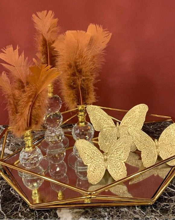 Hawai Tan Colors Decorative Feathers, Butterfly Stand Decor, Gold Tray, Crystal Feather, Butterfly Objects, Luxury Home Decor, Table Design Decor, Shelf Decor Object, Silver Tray-MLH002/11 MARBLEMAR