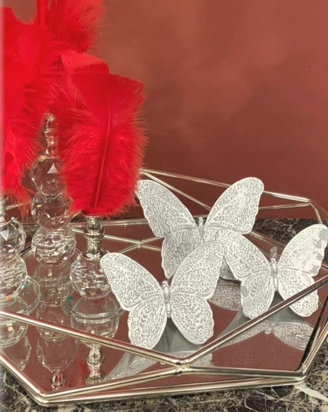 Red Decorative Feathers,Butterfly Stand Decor, Gold Tray, Crystal Feather, Butterfly Objects, Luxury Home Decor, Table Design Decor, Shelf Decor Object, Silver Tray-MLH002/1