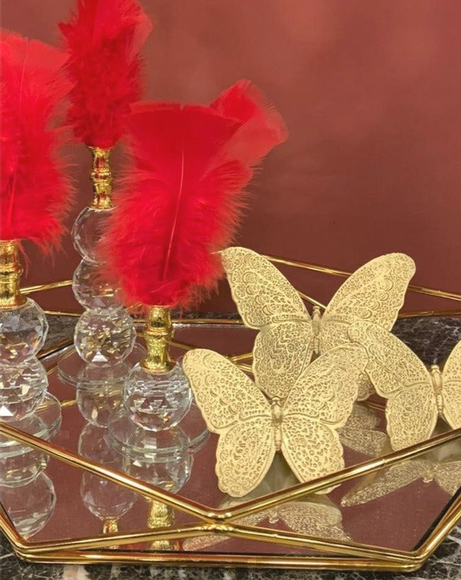 Red Decorative Feathers,Butterfly Stand Decor, Gold Tray, Crystal Feather, Butterfly Objects, Luxury Home Decor, Table Design Decor, Shelf Decor Object, Silver Tray-MLH002/1