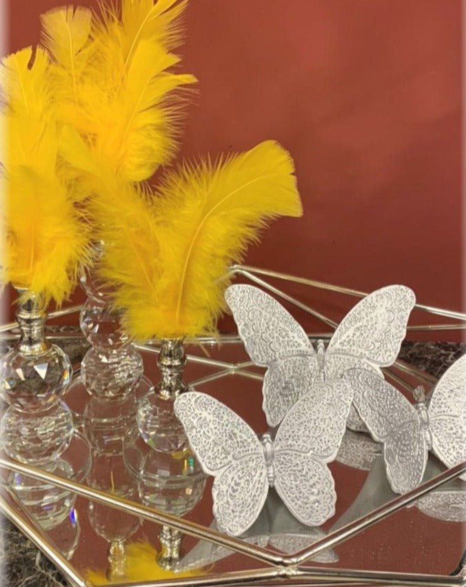 Yellow Decorative Feathers, Butterfly Stand Decor, Gold Tray, Crystal Feather, Butterfly Objects, Luxury Home Decor, Table Design Decor, Shelf Decor Object, Silver Tray-MLH002/5