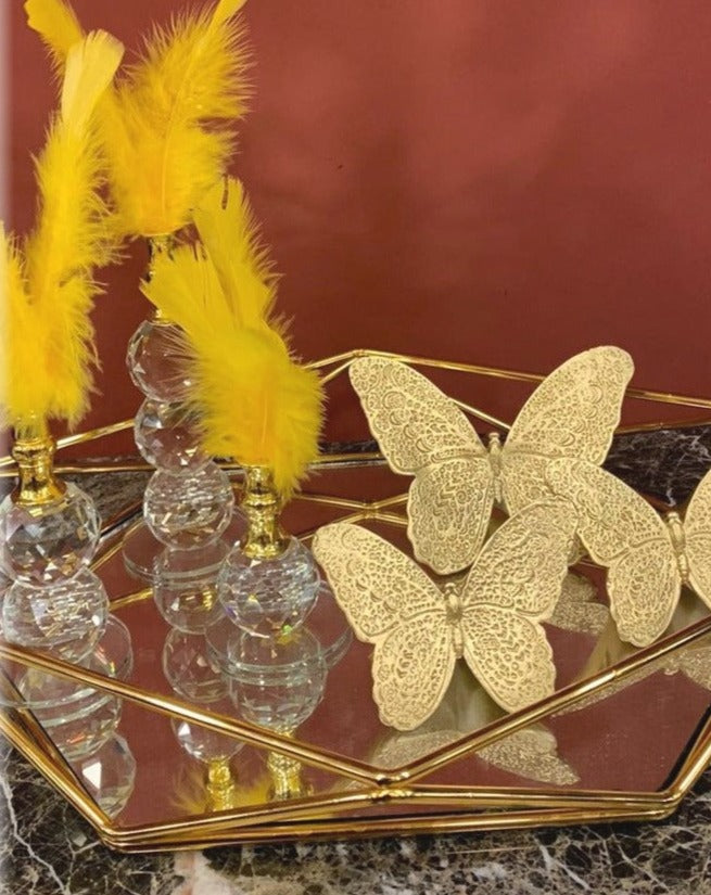 Yellow Decorative Feathers, Butterfly Stand Decor, Gold Tray, Crystal Feather, Butterfly Objects, Luxury Home Decor, Table Design Decor, Shelf Decor Object, Silver Tray-MLH002/5