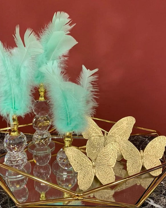 Turquoise Decorative Feathers, Butterfly Stand Decor, Gold Tray, Crystal Feather, Butterfly Objects, Luxury Home Decor, Table Design Decor, Shelf Decor Object, Silver Tray-MLH002/9