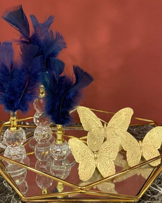 Navy Blue Decorative Feathers, Butterfly Stand Decor, Gold Tray, Crystal Feather, Butterfly Objects, Luxury Home Decor, Table Design Decor, Shelf Decor Object, Silver Tray-MLH002/10