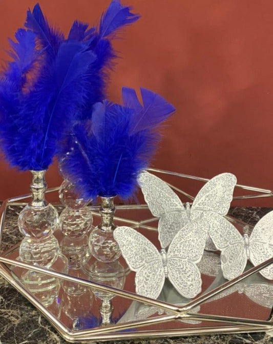 Sax Blue Decorative Feathers, Butterfly Stand Decor, Gold Tray, Crystal Feather, Butterfly Objects, Luxury Home Decor, Table Design Decor, Shelf Decor Object, Silver Tray-MLH002/12