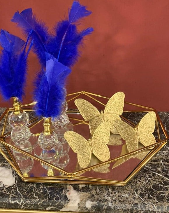 Sax Blue Decorative Feathers, Butterfly Stand Decor, Gold Tray, Crystal Feather, Butterfly Objects, Luxury Home Decor, Table Design Decor, Shelf Decor Object, Silver Tray-MLH002/12