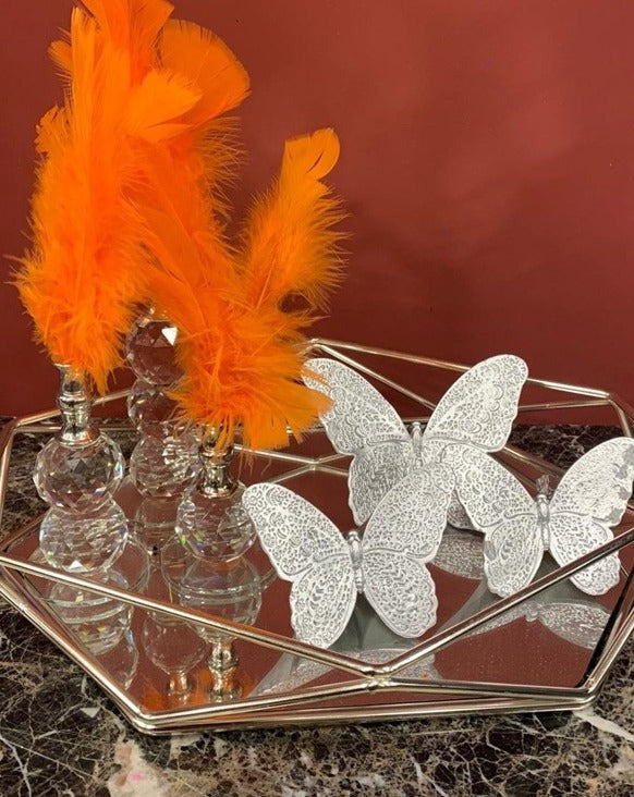 Orange Decorative Feathers, Butterfly Stand Decor, Gold Tray, Crystal Feather, Butterfly Objects, Luxury Home Decor, Table Design Decor, Shelf Decor Object, Silver Tray-MLH002/13