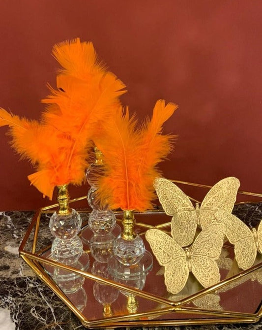 Orange Decorative Feathers, Butterfly Stand Decor, Gold Tray, Crystal Feather, Butterfly Objects, Luxury Home Decor, Table Design Decor, Shelf Decor Object, Silver Tray-MLH002/13
