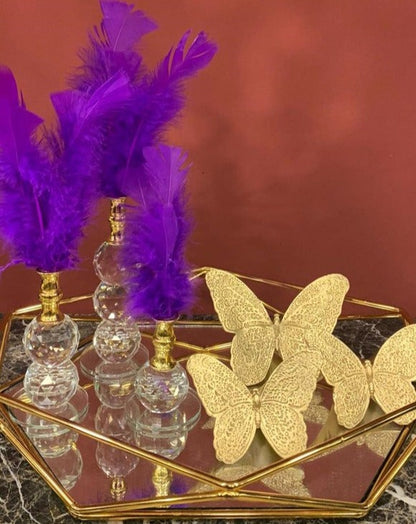 Purple Decorative Feathers, Butterfly Stand Decor, Gold Tray, Crystal Feather, Butterfly Objects, Luxury Home Decor, Table Design Decor, Shelf Decor Object, Silver Tray-MLH002/14
